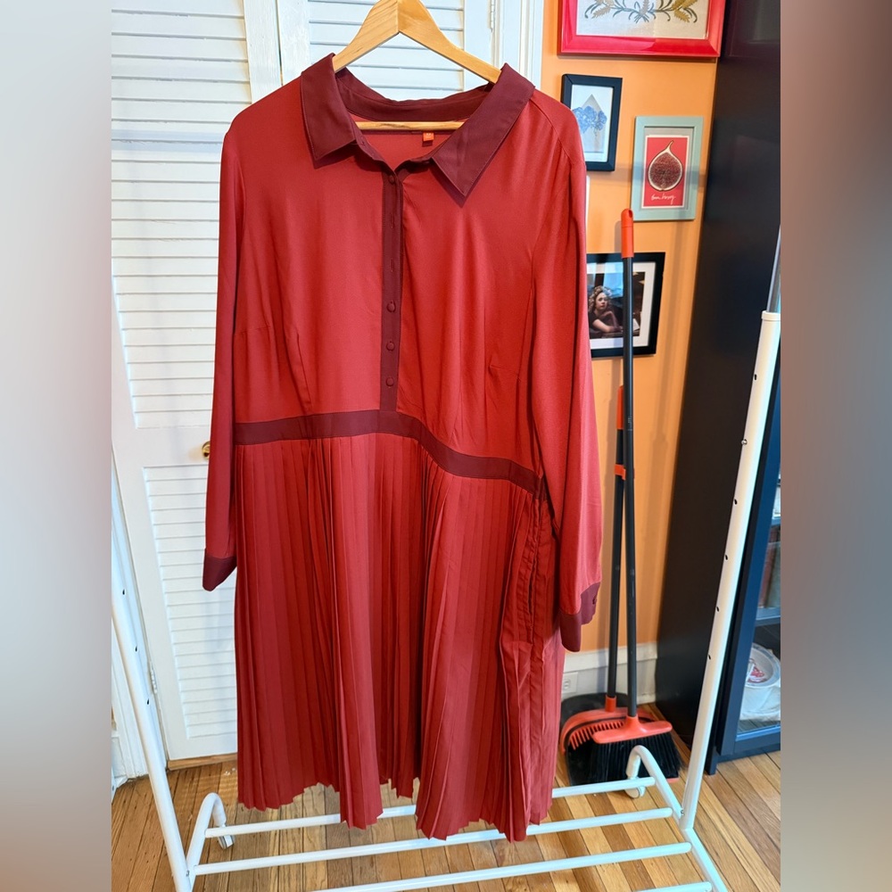 Just My Typist Long Sleeve Shirt Dress In Brick